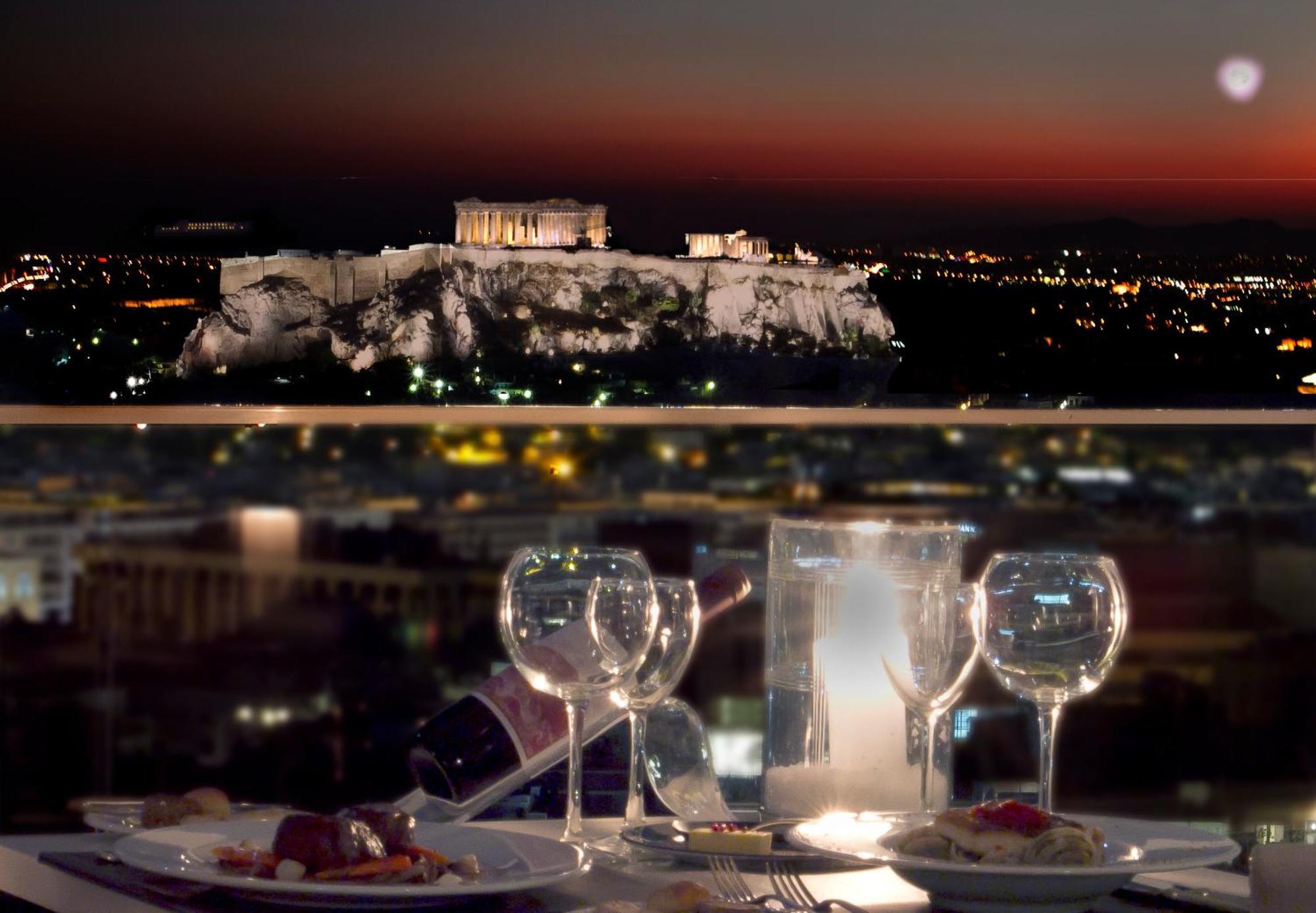 St George Lycabettus Lifestyle Hotel Athens Restaurant photo The Acropolis at night